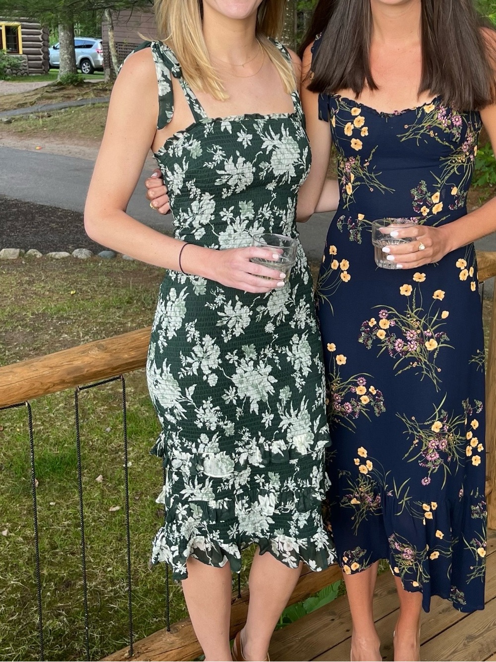 Abercrombie & Fitch Dark Green Floral Tie-Shoulder Smocked Midi Dress